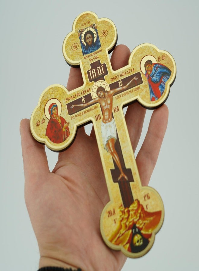 BlessedMart Ukrainian Orthodox Wall Cross - Wooden Byzantine Crucifix with Theotokos and St John for Home Altar - 8 Inch - Image 4
